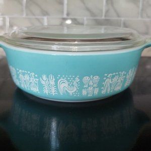 VTG PYREX Amish Butterprint 471 Turquoise & White 1 pt Casserole Dish w/Lid